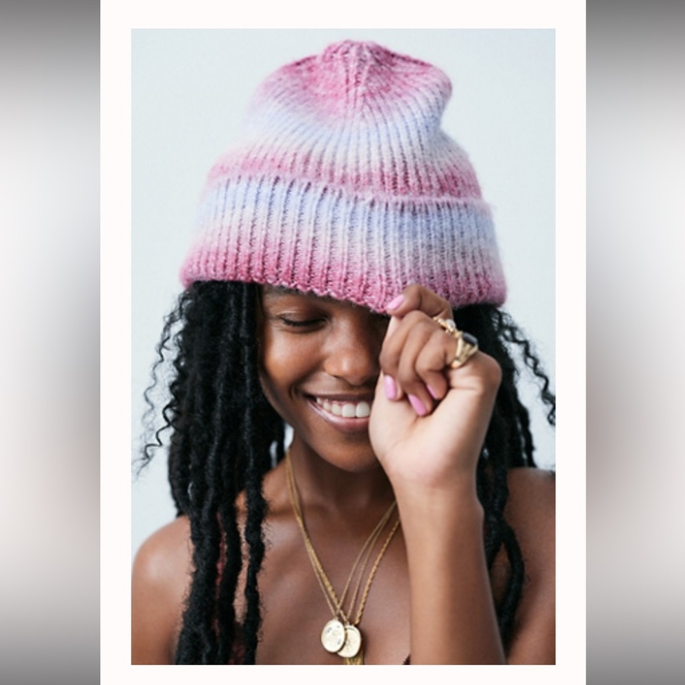 Free People Atmosphere Stripe Beanie, blue and pink ombré, like new